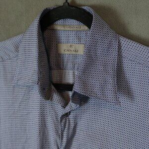 Canali Shirt Mens Large Blue Geometric Preppy Made in Italy Cotton Button Down